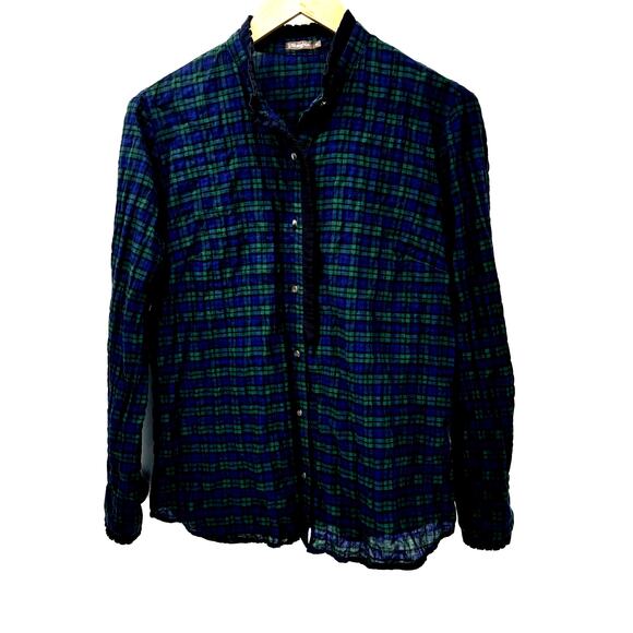 J. McLaughlin Tops - J McLaughlin Shirt Womens Medium Blue Green Plaid Ruffle Trim Crinkle Cotton